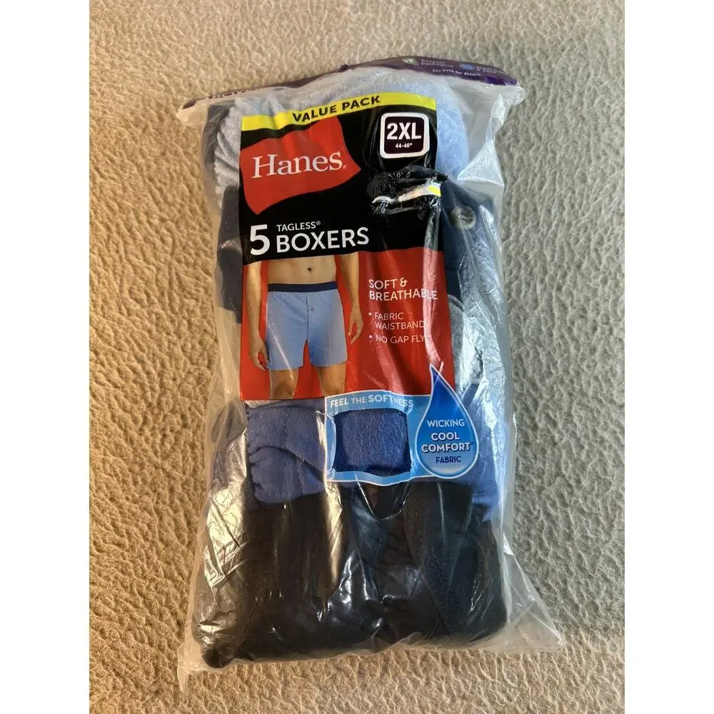 Hanes Men's 2XL 44-46 Tagless Cool Comfort Knit Boxer Shorts Solid Colors 5 Pack